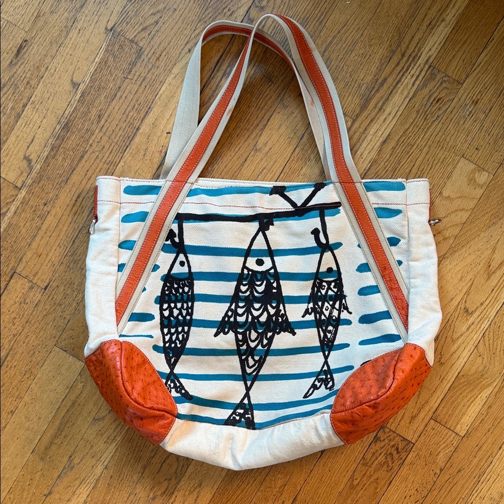 Prada Canvas Tote Bag with Fish Design - Orange and Cream
